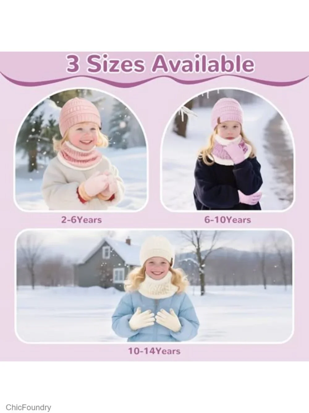 Kids Knit Fleece Lined Hat Scarf Gloves Set - Warm Thermal Winter Accessories